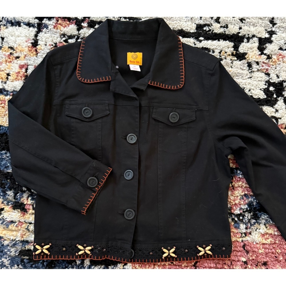 Ruby Rd Womens Black Cotton Blend Jacket Orange Stitching Beaded Hem Size 14